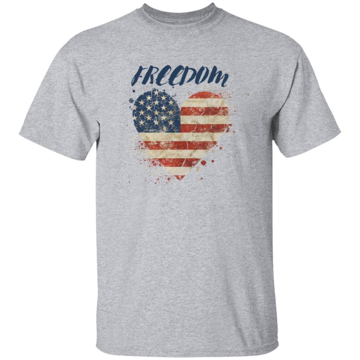 Sport gray, heavyweight classic unisex t-shirt in 100% cotton. Freedom is written across the chest with an American grunge flag in the shape of a heart beneath - Any Gift For You