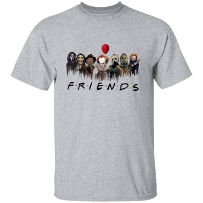 Killer Friends t-shirt in sport gray with the likeness of seven killer friends across the front (Ghostface, Leatherface, Freddy Kruger, Pennywise, Jason Voorhees, Michael Myers and Chucky). The ghoulish logo "FRIENDS" is a parody on the famous sitcom Friends - Any Gift For You