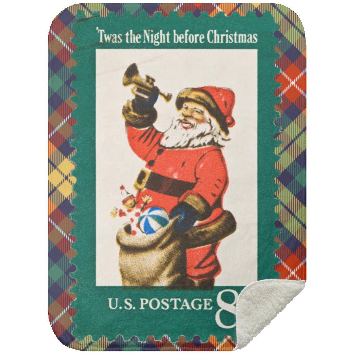 Vintage Christmas Stamp (circa 1972) Blanket on Multi-color Plaid Background. Comes in 30x40 inch (Baby Blanket), 50x60 inch (Throw) or 60x80 inch (Queen). Premium Silky Smooth front; Premium Fluffy Sherpa back side; Thickness: 1 cm Full color all over print; Prints edge to edge on one side. Machine wash separately in cold water; Tumble dry on low heat. Do not iron or press with heat; Do not dry clean. Decoration Type: Sublimation; Product Measurement Tolerance: +/- 1 inch
