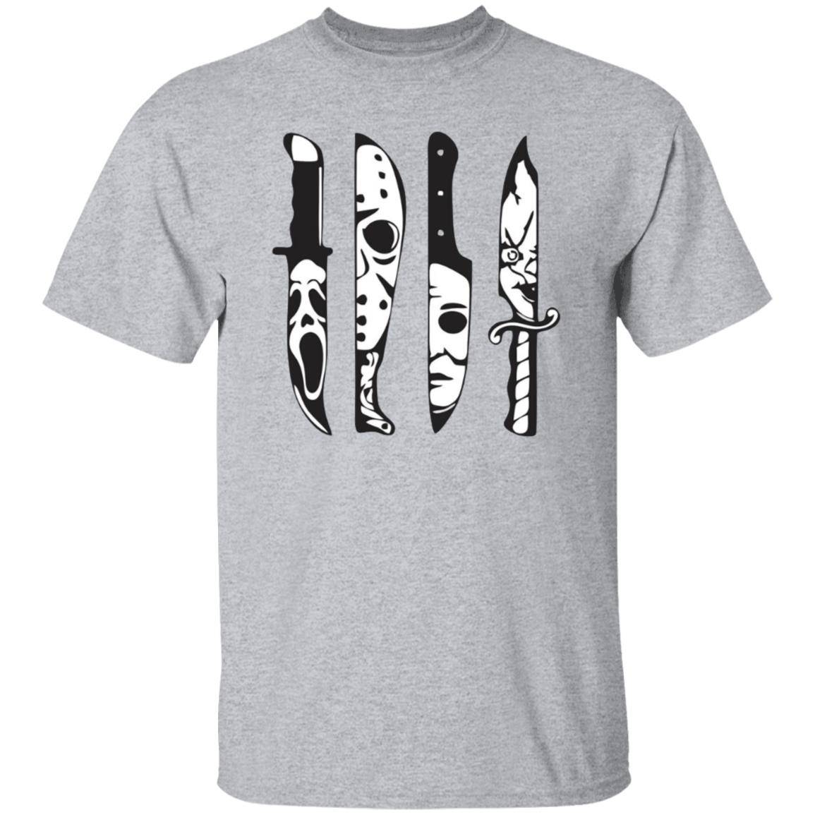 Sport gray unisex Halloween t-shirt with four knives across the front showing killer faces from famous horror movies in the reflection (Ghostface, Jason Voorhees, Michael Myers and Chucky). 