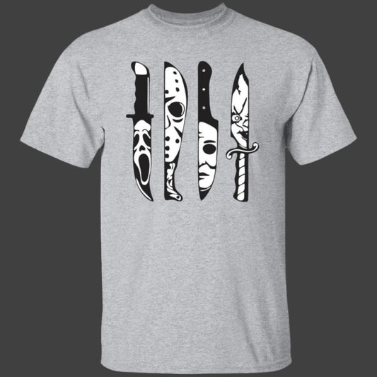 Sport gray unisex Halloween t-shirt with four knives across the front showing killer faces from famous horror movies in the reflection (Ghostface, Jason Voorhees, Michael Myers and Chucky) - Any Gift For You