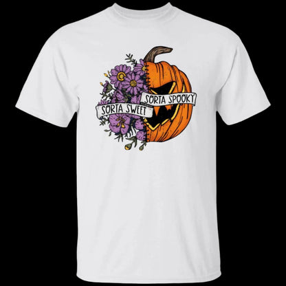 White unisex t-shirt. with a Halloween image on the chest, half of which are flowers while the other half is a scary pumpkin. A ribbon is wrapped around the image, reading, Sorta Sweet, Sorta Spooky - Any Gift For You