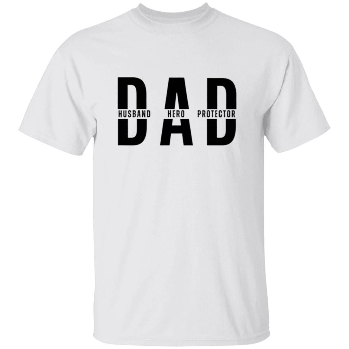 White, heavyweight classic unisex t-shirt in 100% cotton.  Across the chest and back are DAD, Husband, Hero, Protector.