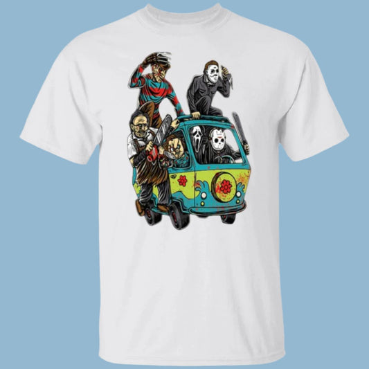 White unisex Halloween t-shirt with an image of the bus from Scooby Doo on the front with killer villains from horror movies spilling out the windows waving their knives and weapons - Any Gift For You