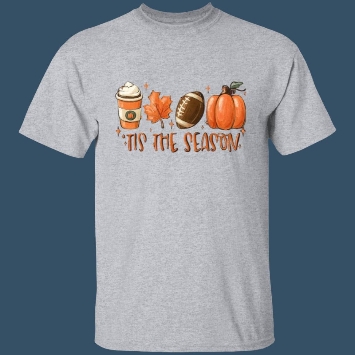 'Tis the Season Fall T-shirt in sport gray with an image of coffee, a leaf,  a football and a pumpkin with  "'Tis The Season" written below - Any Gift For You