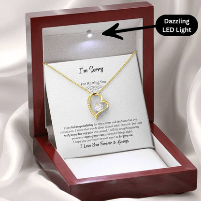 I'm Sorry Forever Love Necklace with 18k gold finish in a mahogany style box showing LED light - Any Gift For You