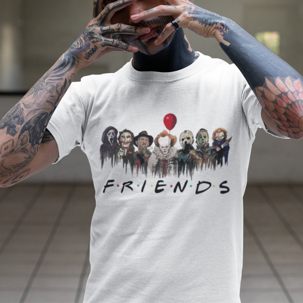 Killer Friends t-shirt in white  with the likeness of seven killer friends across the front (Ghostface, Leatherface, Freddy Kruger, Pennywise, Jason Voorhees, Michael Myers and Chucky). The ghoulish logo "FRIENDS" is a parody on the famous sitcom Friends - Any Gift For You