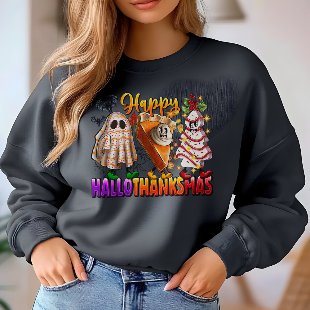 Fun Happy HalloThanksMus Sweatshirt in Dark Heather - Any Gift For You