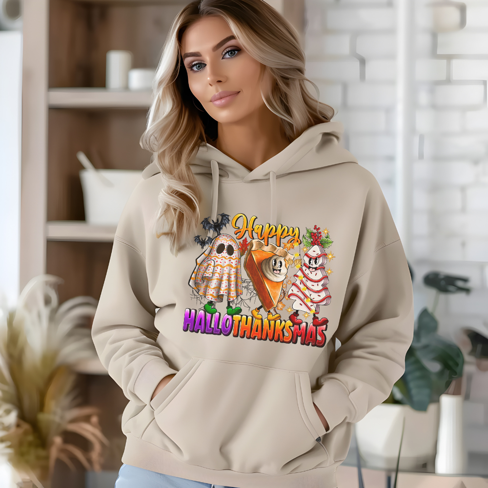 Fun Happy HalloThanksMus Hoodie in Sand - Any Gift For You