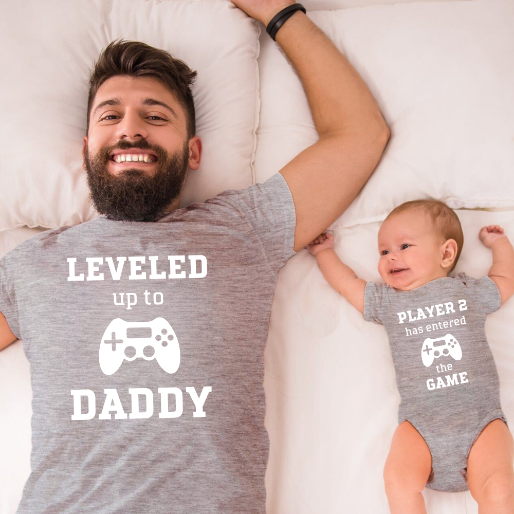 Leveled Up Daddy and Player Shirt Set in gray