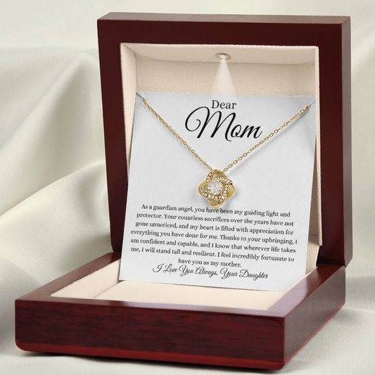 Guardian Angel Love Knot Necklace for Mom from Daughter, 18k yellow gold in a mahogany box - Any Gift For You