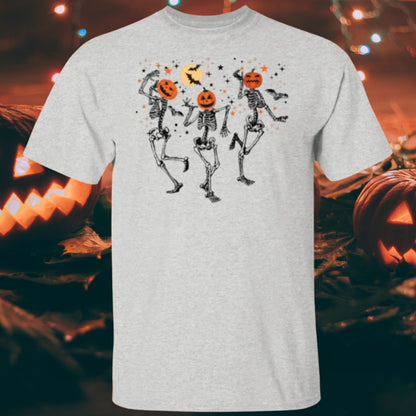 Dancing Pumpkin Heads Halloween T-Shirt on an ash gray shirt - Any Gift For You