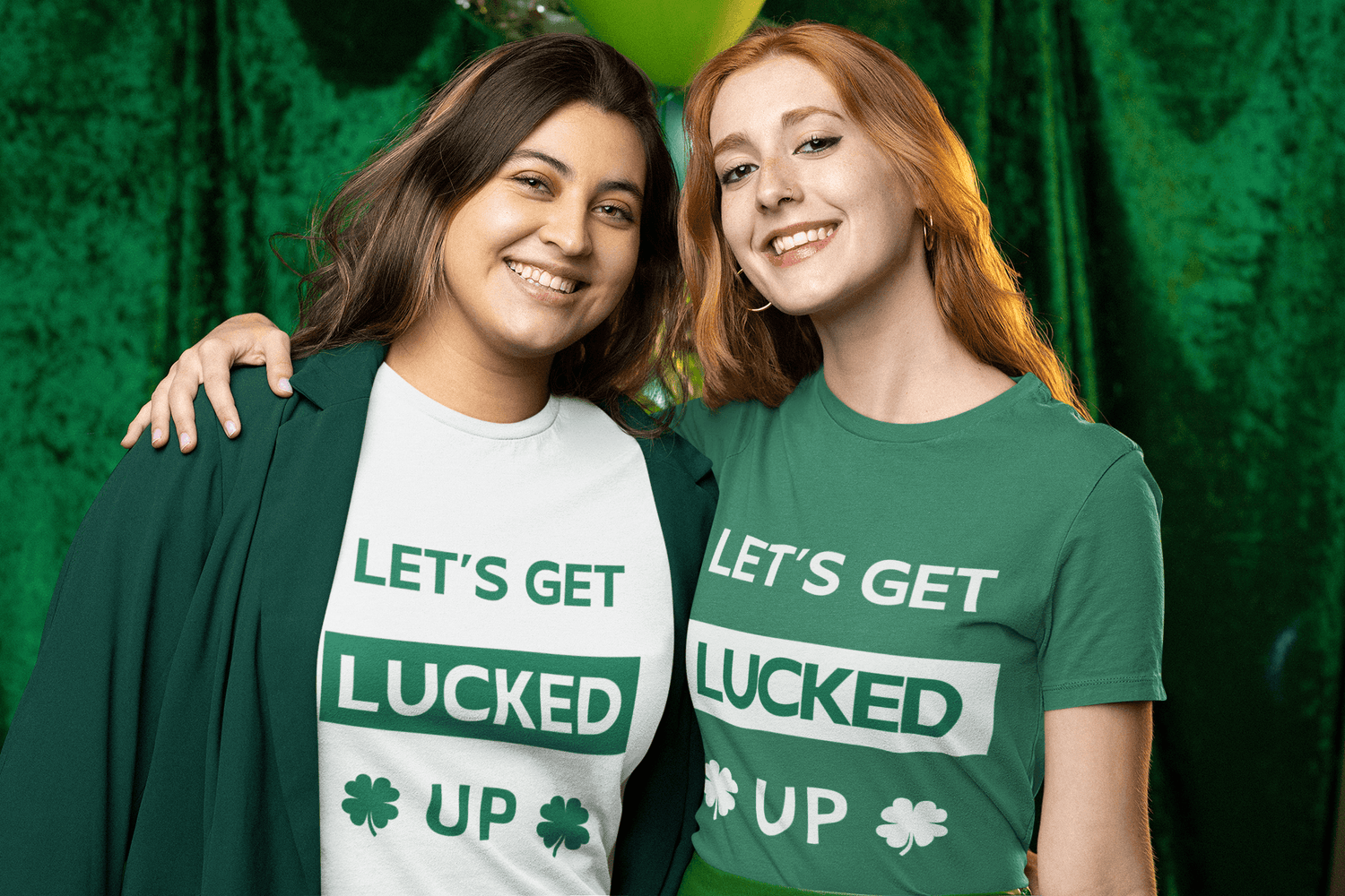 Let's Get LUCKED UP St. Patrick's Day Unisex Crewneck T-shirt showing 2 models wearing opposing color t-shirts - Any Gift For You