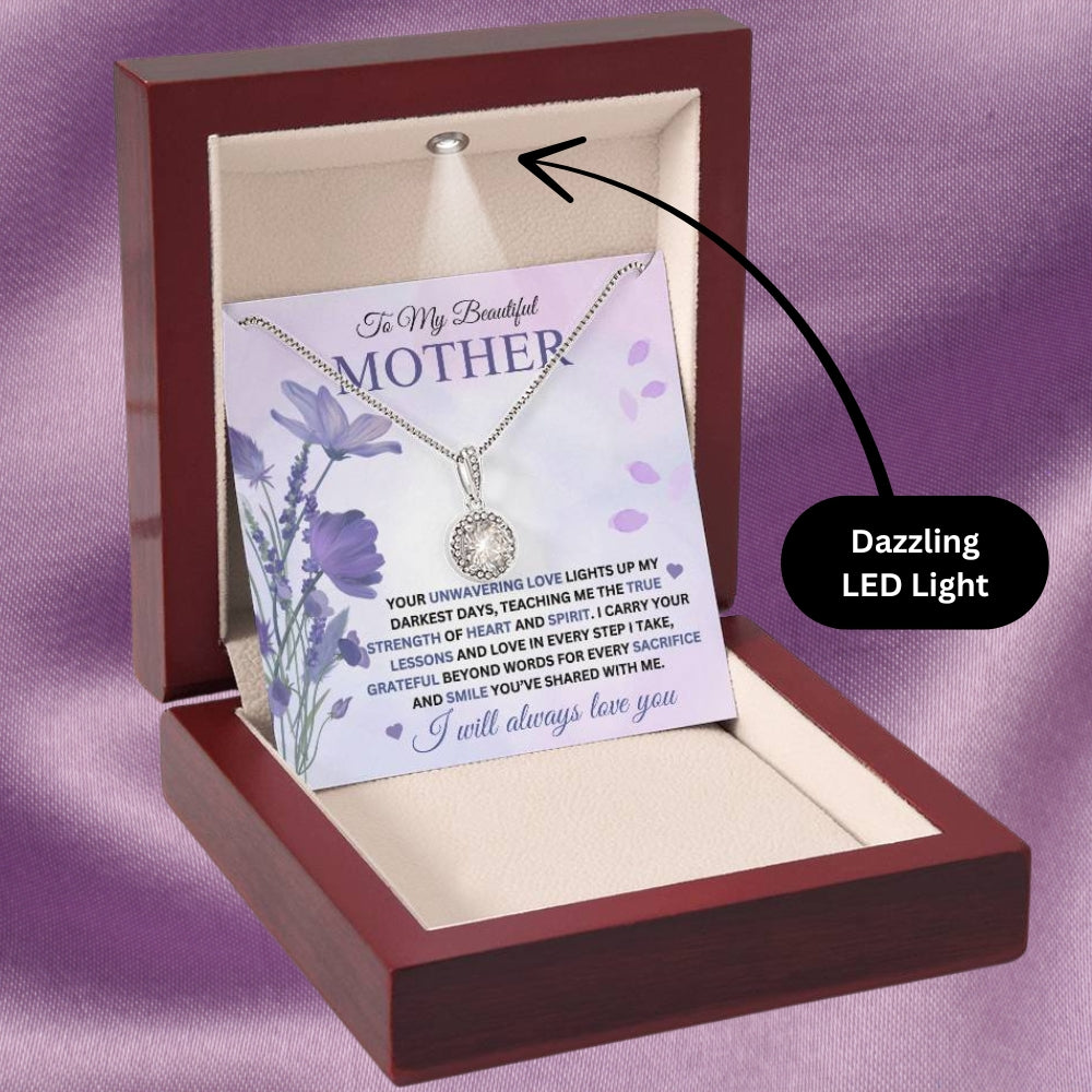 Eternal Hope Necklace for Mom - I Carry Your Love and Lessons in Every Step in 14k white gold with lavender message card showing lilacs and in a mahogany style gift box displaying a dazzling LED light - Any Gift For You