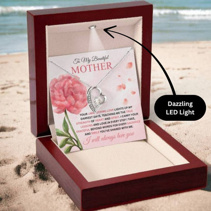 Forever Love Necklace for Mom - I Carry Your Love and Lessons in Every Step in 14k white gold finish on a pink  message card showing a pink peony, in a mahogany style gift box with a dazzling LED light - Any Gift For You