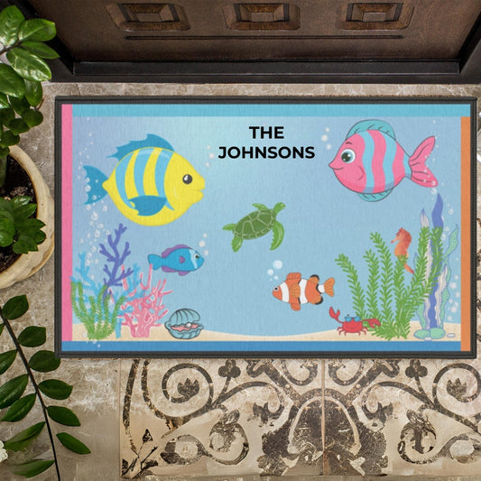 Personalized Ocean Themed Indoor Doormat on a tile floor personalized with the family name, THE JOHNSONS - Any Gift For You