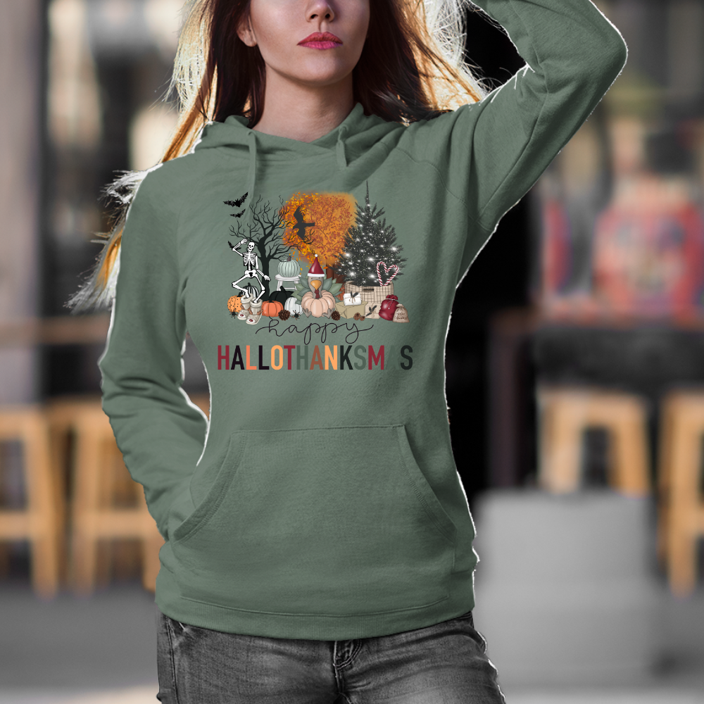 Warm and Festive HalloThanksMas Hoodie in Military Green - Any Gift For You