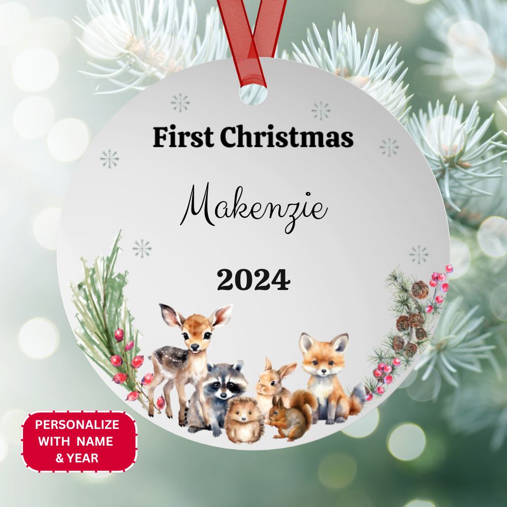 Personalized First Christmas Ornament with Forest Friends