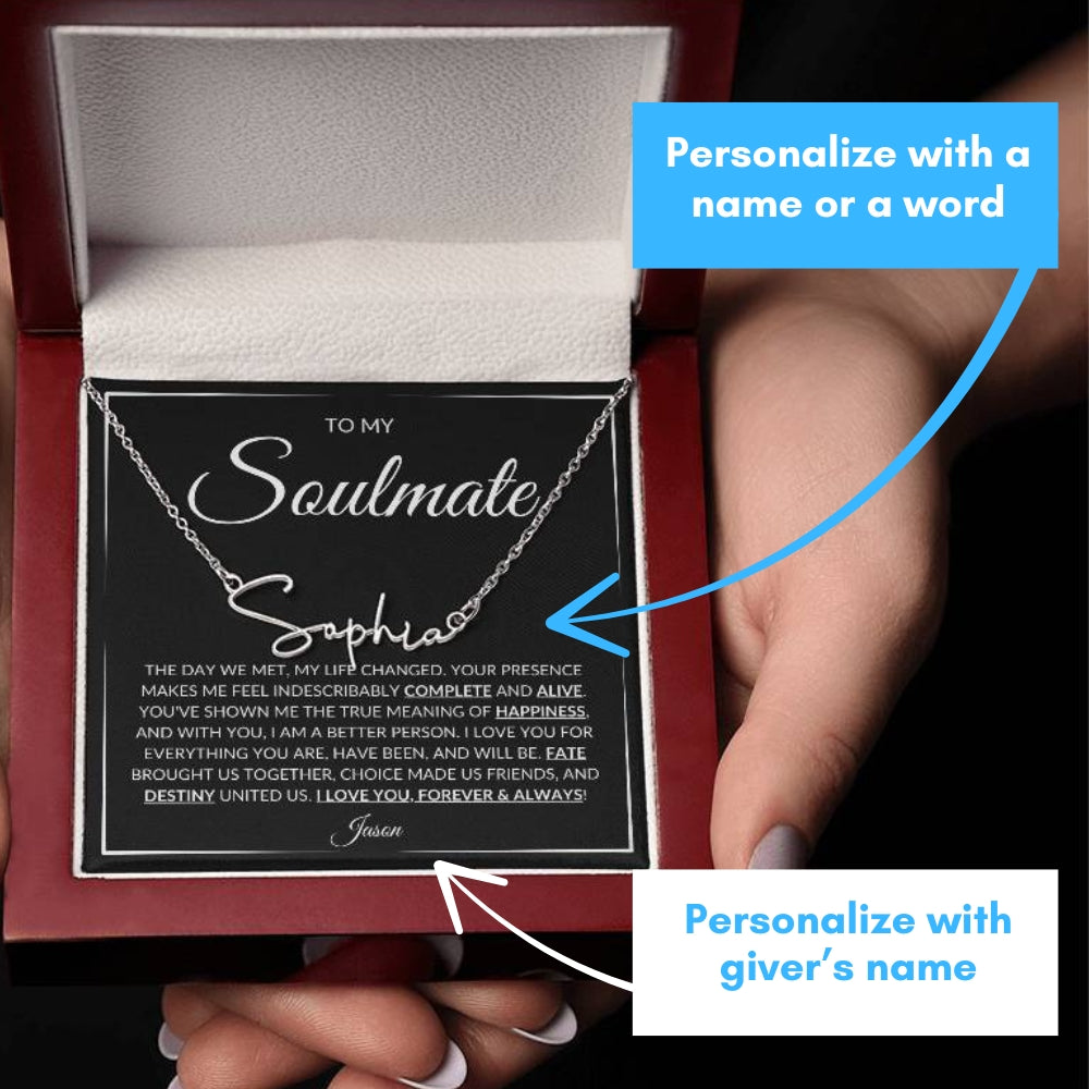 Soulmate Name Necklace in polished stainless steel  presented in a mahogany style gift box - Any Gift For You