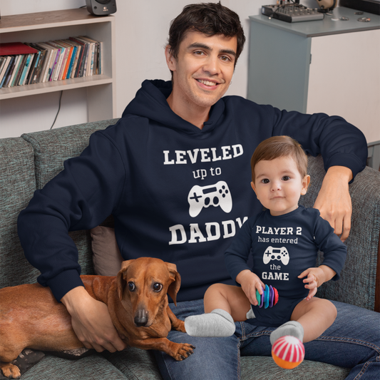 Leveled Up Daddy Sweatshirt or Hoodie and Player 2 Long Sleeve Infant Bodysuit