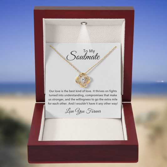 Eternal Bond Love Knot Necklace for Your Soulmate in 18k yellow gold with an LED lit mahogany box - Any Gift For You