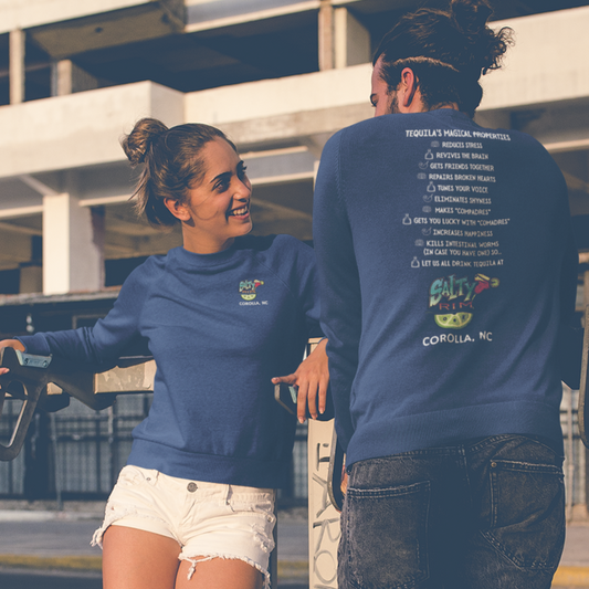 Salty Rim Tequila's Magical Properties Sweatshirt front and back in royal - Any Gift For You