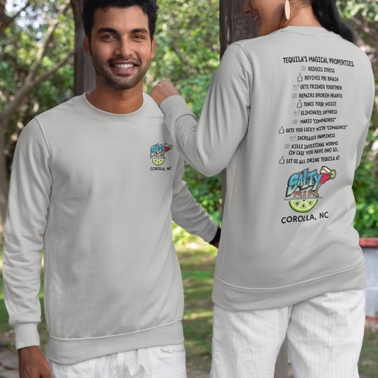 Salty Rim Tequila's Magical Properties Sweatshirt front and back in ash - Any Gift For You