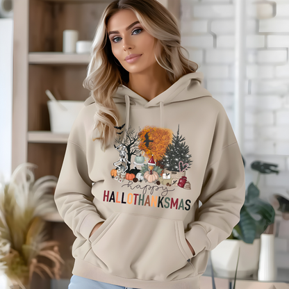 Warm and Festive HalloThanksMas Hoodie in Sand - Any Gift For You