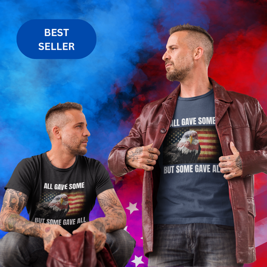 Two models wearing a navy and a black, heavyweight classic unisex t-shirt in 100% cotton. On the front is a grunge American flag with an eagle. Printed text reads: All gave some, but some gave all - Any Gift For You