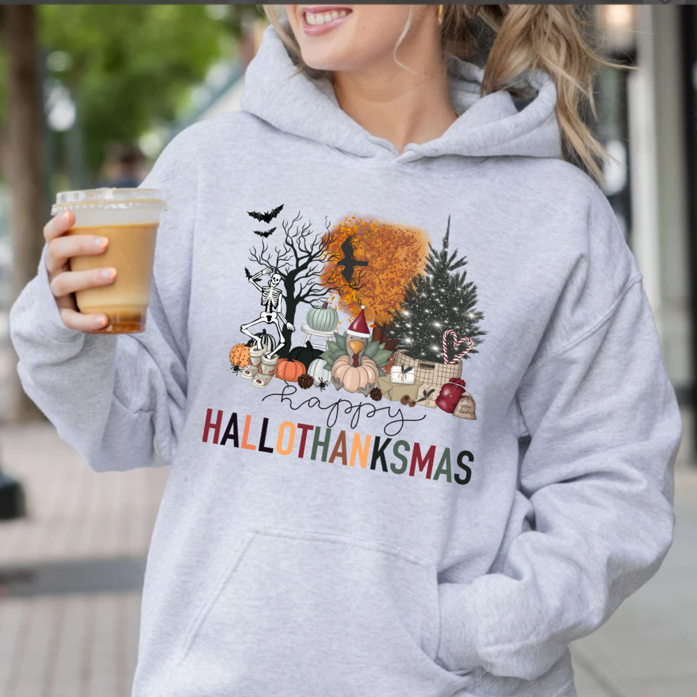 Warm and Festive HalloThanksMas Hoodie in Sport Grey - Any Gift For You