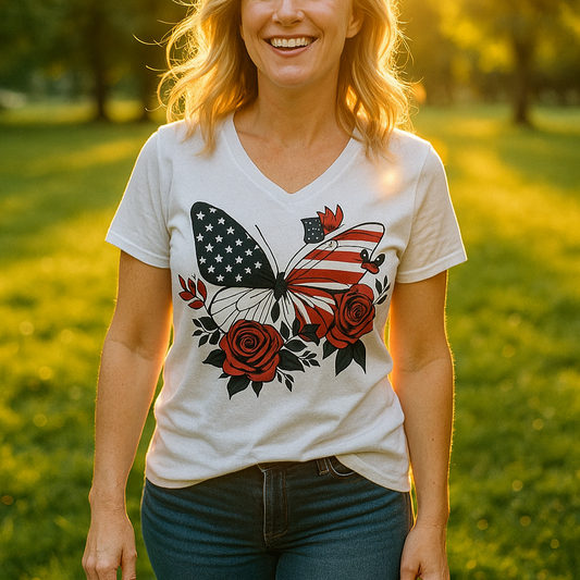 White V-Neck Stars and Stripes Butterfly Bloom Tee