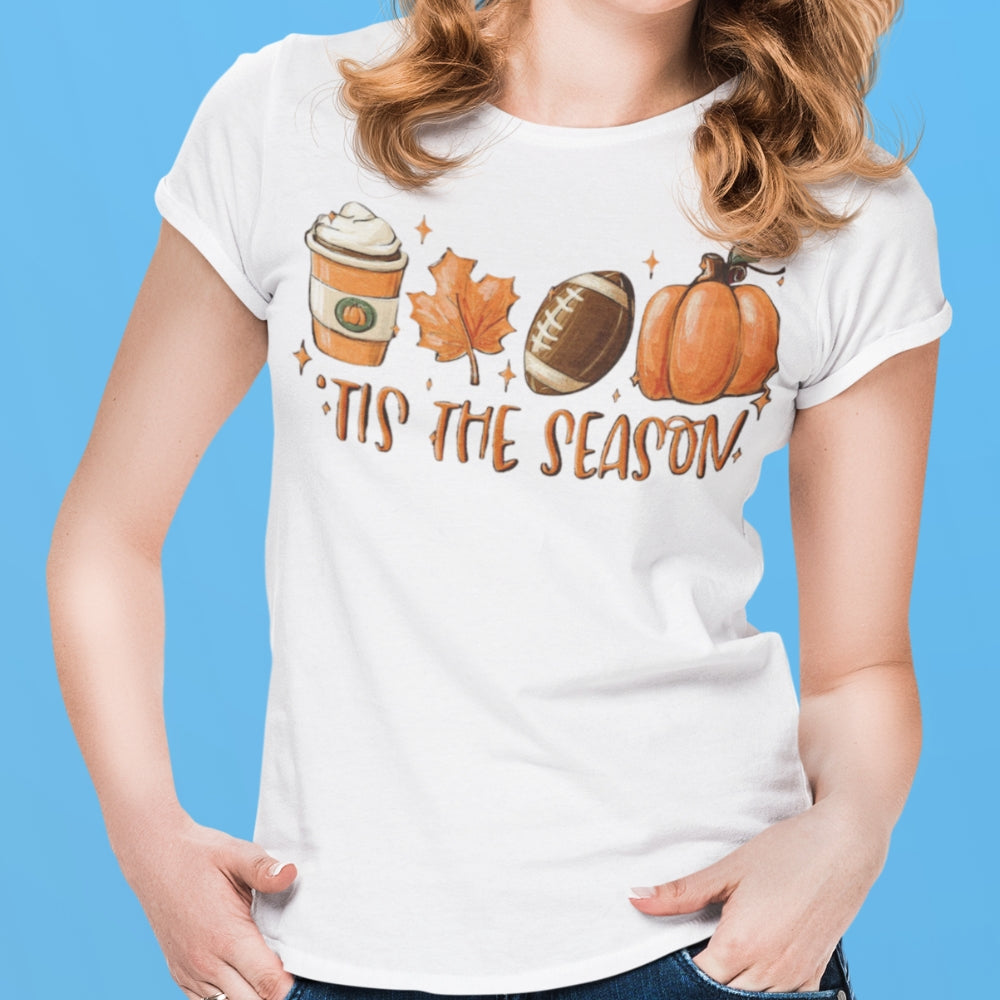 'Tis the Season Fall T-shirt in white with an image of coffee, a leaf,  a football and a pumpkin with  "'Tis The Season" written below - Any Gift For You