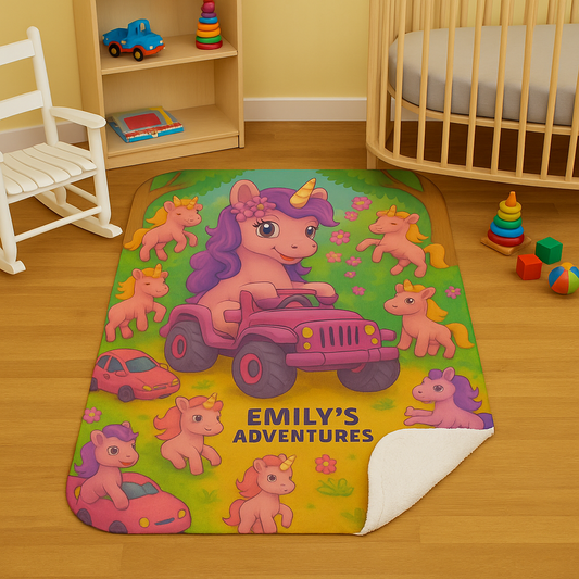 Children's blanket with a unicorn driving a pink car in a forest setting, personalized with 'Emily's Adventures' and placed in a child's room
