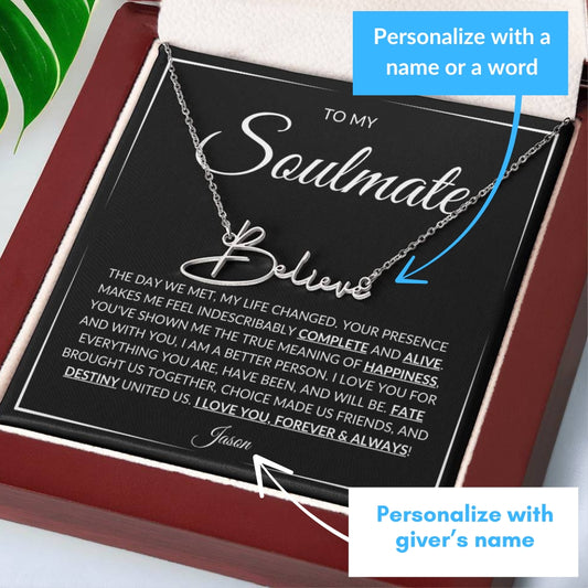 Soulmate Name Necklace in polished stainless steel  presented in a mahogany style gift box - Any Gift For You