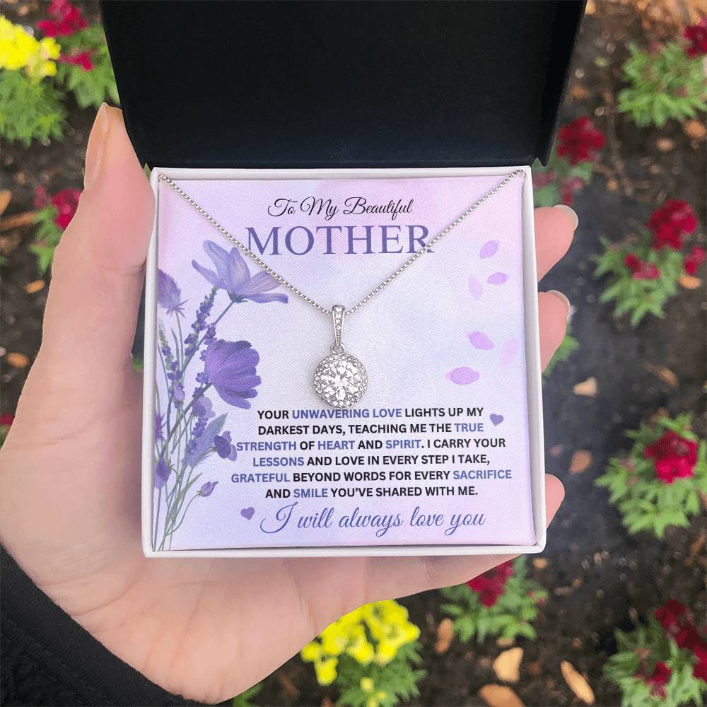 Eternal Hope Necklace for Mom - I Carry Your Love and Lessons in Every Step in 14k white gold with lavender message card showing lilacs and in a soft touch gift box - Any Gift For You