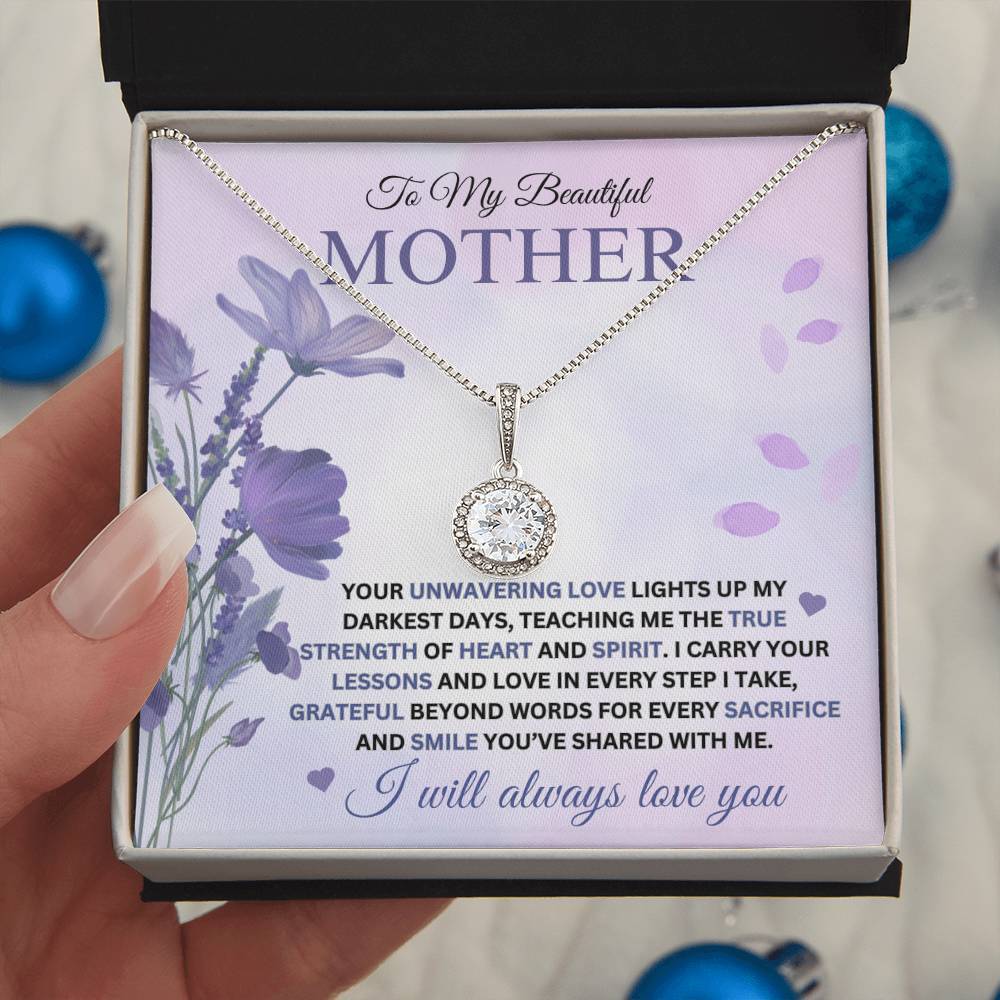 Eternal Hope Necklace for Mom - I Carry Your Love and Lessons in Every Step in 14k white gold with lavender message card showing lilacs and in a soft touch gift box - Any Gift For You