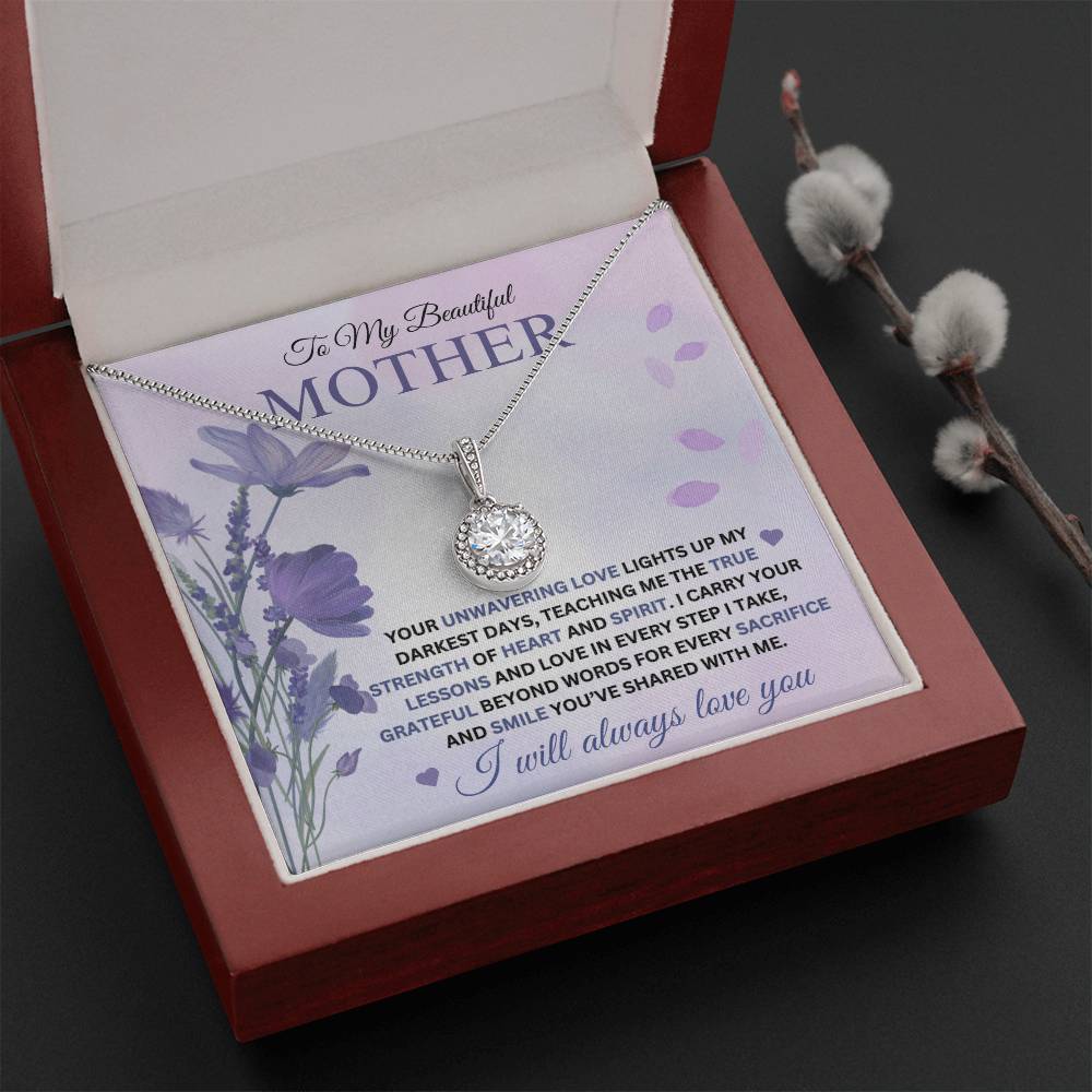 Eternal Hope Necklace for Mom - I Carry Your Love and Lessons in Every Step in 14k white gold with lavender message card showing lilacs and in a mahogany style gift box - Any Gift For You