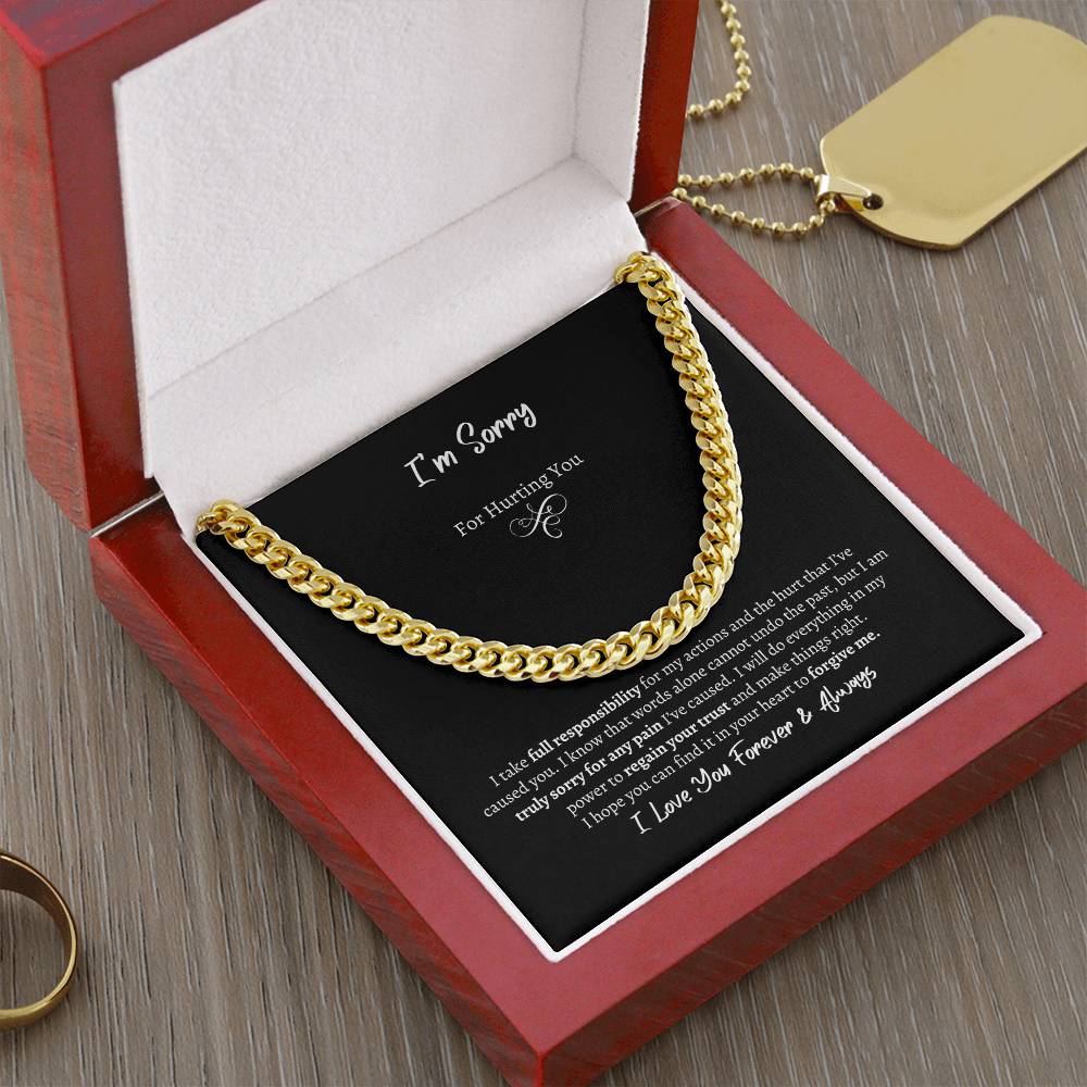 I'm Sorry Cuban Chain Necklace with 14k gold finish over stainless steel in a mahogany style box - Any Gift For You