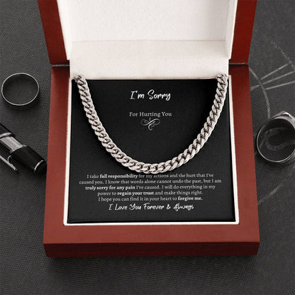 I'm Sorry Cuban Chain Necklace polished stainless steel in a mahogany style box - Any Gift For You