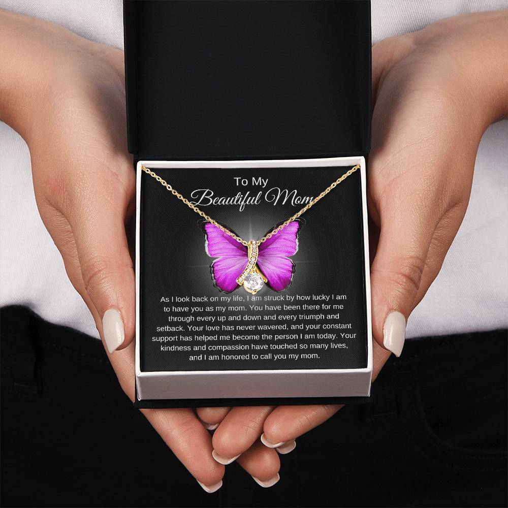 To Beautiful Mom, Butterfly Alluring Necklace in Bright Pink