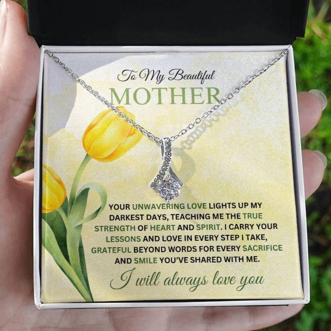 To My Beautiful Mother, I Carry Your Love and Lessons in Every Step - Alluring Beauty NecklaceAlluring Beauty Necklace for Mom - I Carry Your Love and Lessons in Every Step in 14k white gold finish with a soft touch gift box - Any Gift For You