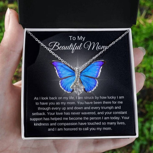 Mom's Alluring Beauty Necklace - A Tribute to Unwavering Love (Blue) in 14k white gold finish and a soft touch box - Any Gift For You