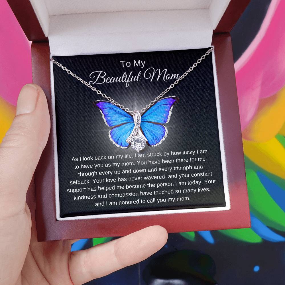 Mom's Alluring Beauty Necklace - A Tribute to Unwavering Love (Blue) in 14k white gold finish and a mahogany style box - Any Gift For You