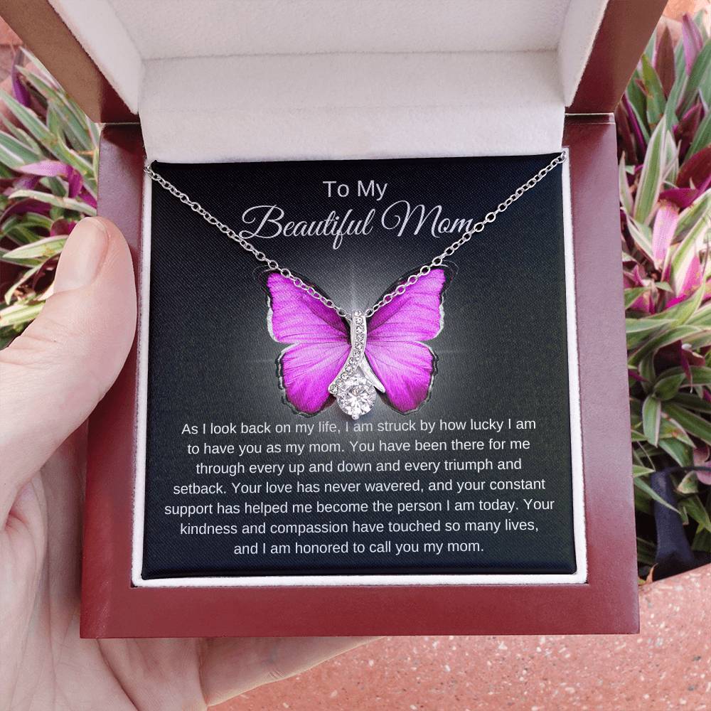 To Beautiful Mom, Butterfly Alluring Necklace in Bright Pink