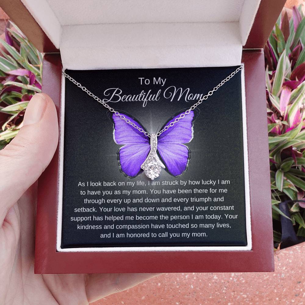 Mom's Alluring Beauty Necklace - A Tribute to Unwavering Love (Purple) in 14k white gold finish and a mahogany style box - Any Gift For You