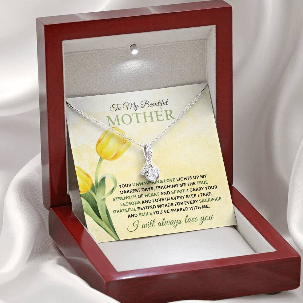 Alluring Beauty Necklace for Mom - I Carry Your Love and Lessons in Every Step in 14k white gold finish with a mahogany style gift box showing a dazzling LED light - Any Gift For You