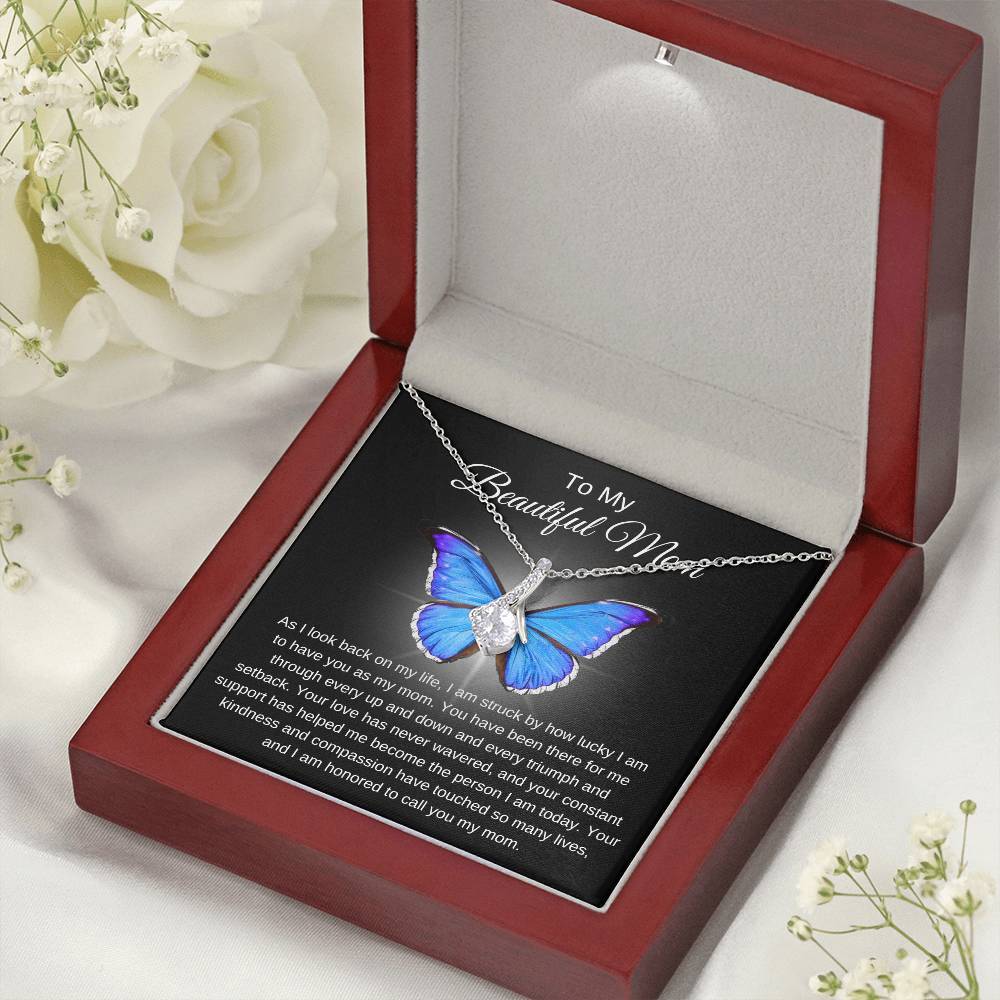 Mom's Alluring Beauty Necklace - A Tribute to Unwavering Love (Blue) in 14k white gold finish and a mahogany style box showcasing the dazzling LED light - Any Gift For You