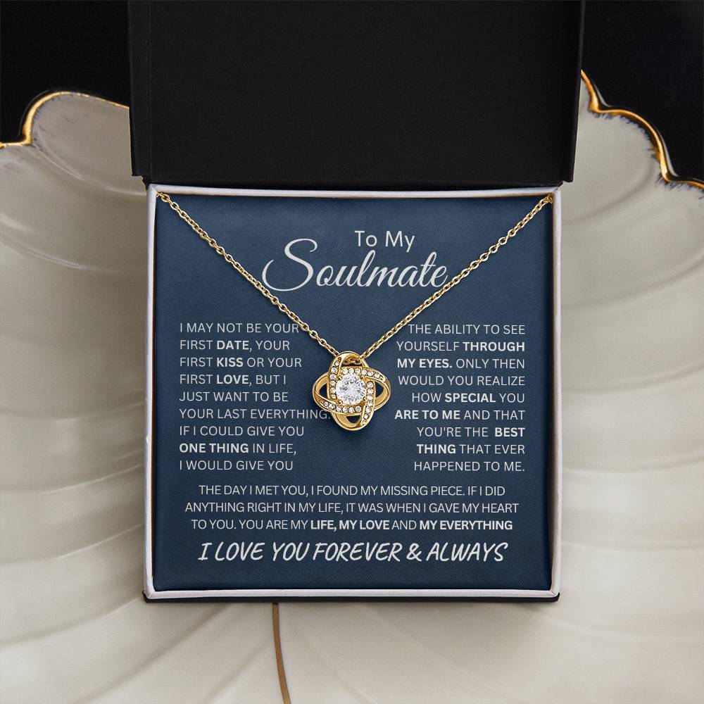 To My Soulmate Last Everything Love Knot Necklace on a Navy Message Card