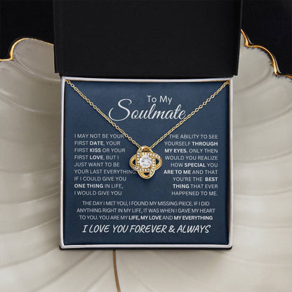To My Soulmate Last Everything Love Knot Necklace on a Navy Message Card