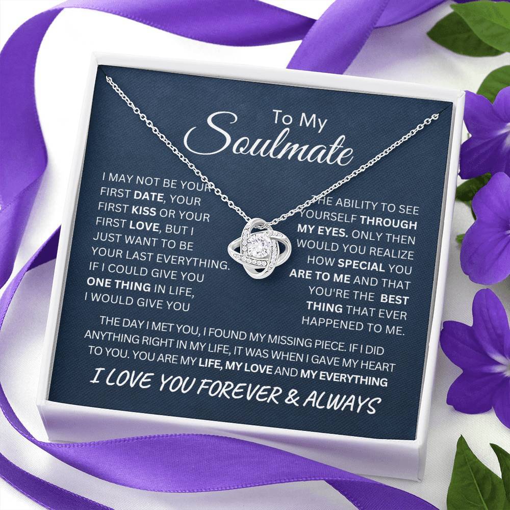 To My Soulmate Last Everything Love Knot Necklace on a Navy Message Card